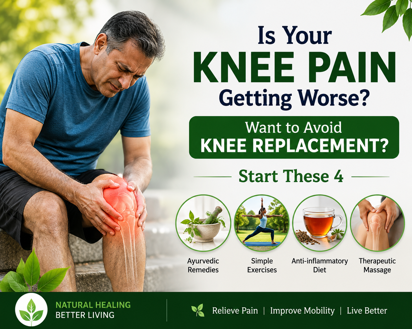 Knee pain in elderly man with natural Ayurvedic treatment options including yoga, diet, herbal remedies and massage for avoiding knee replacement